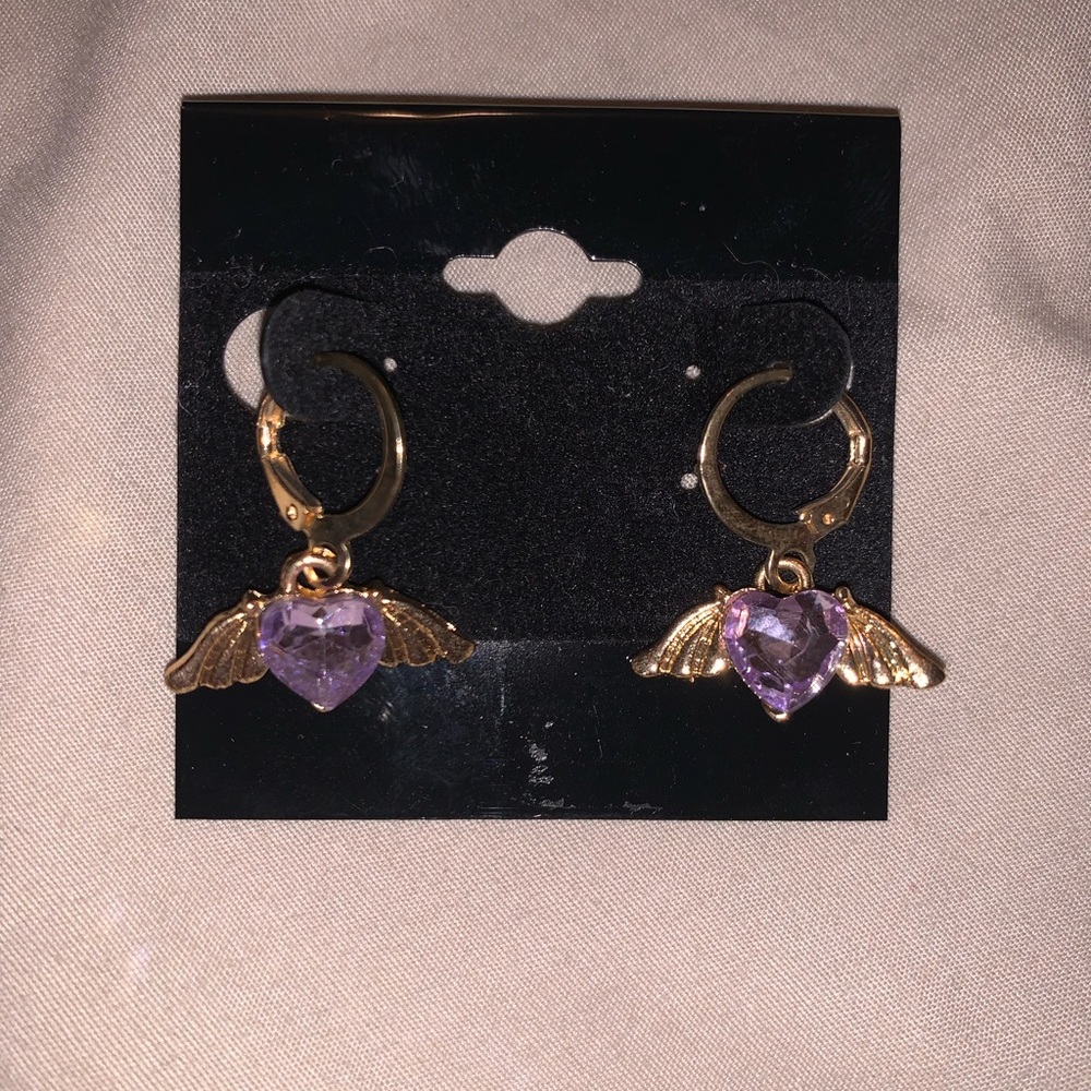 Amethyst Heart Earrings with Wings